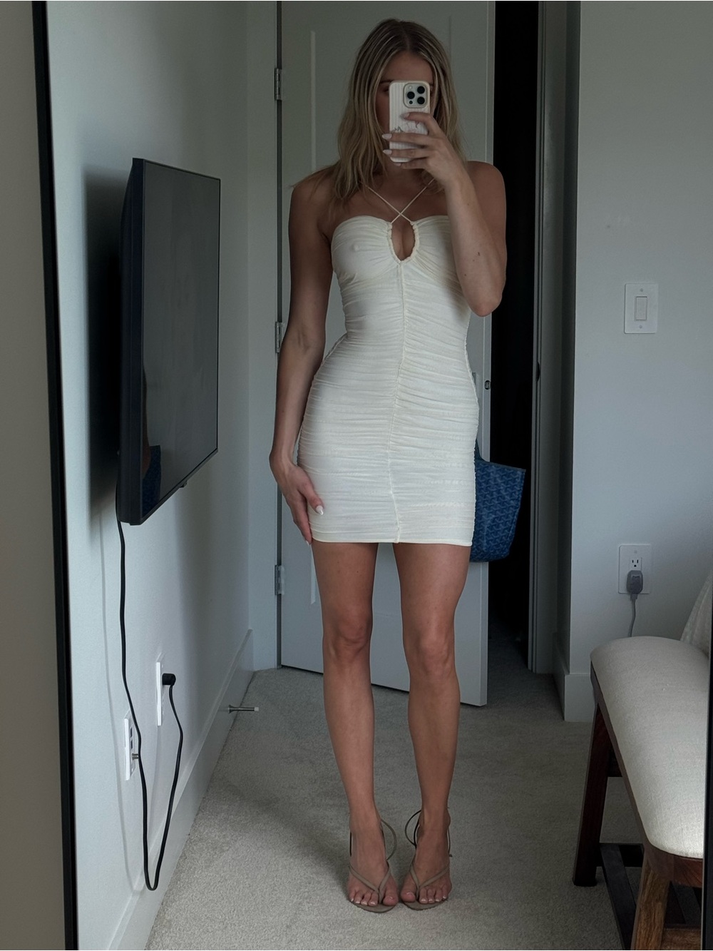 Strappy White Ruched Mini Dress - Picture 1 of 5